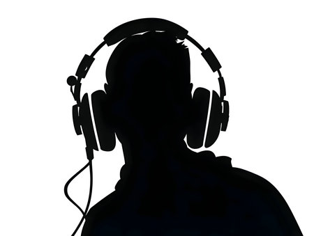 Vector illustration of a man wearing headphones in black silhouette against a clean white background, capturing graceful forms.のイラスト素材
