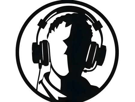 Vector illustration of a man wearing headphones in black silhouette against a clean white background, capturing graceful forms.のイラスト素材