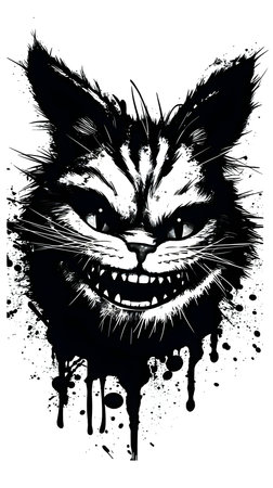 Vector illustration of a scary cat face in black silhouette against a clean white background, capturing graceful forms.のイラスト素材