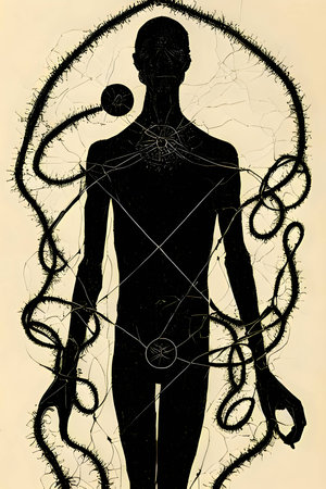 Vector illustration of a person in black silhouette against a clean yellow background, capturing graceful forms.のイラスト素材