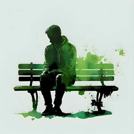 Vector illustration of a man on a bench in green silhouette against a clean white background, capturing graceful forms.のイラスト素材