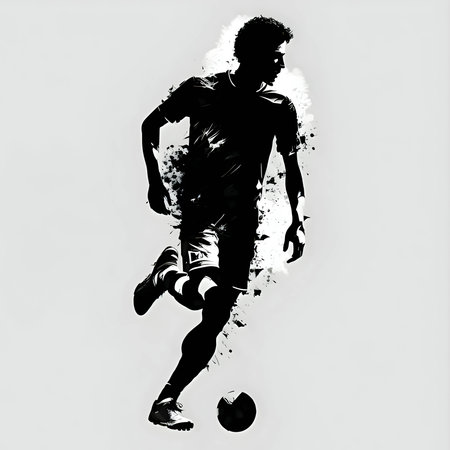 Vector illustration of a footballer in black silhouette against a clean white background, capturing graceful forms.のイラスト素材