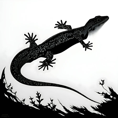 Vector illustration of a lizard in black silhouette against a clean white background, capturing graceful forms.のイラスト素材