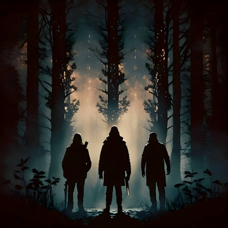 Vector illustration of a three people in the forest in black silhouette against a clean white background, capturing graceful forms.のイラスト素材