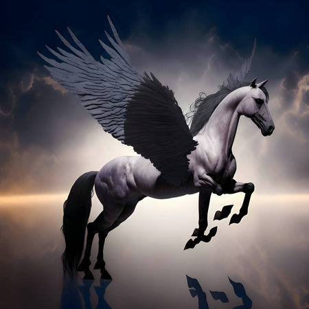 Vector illustration of a pegasus horse in black silhouette against a clean white background, capturing graceful forms.のイラスト素材