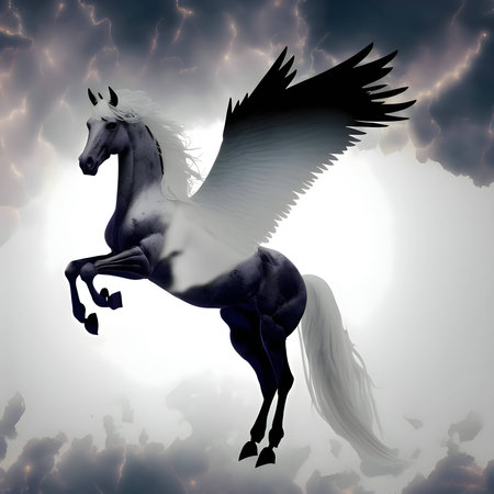 Vector illustration of a pegasus horse in black silhouette against a clean white background, capturing graceful forms.のイラスト素材