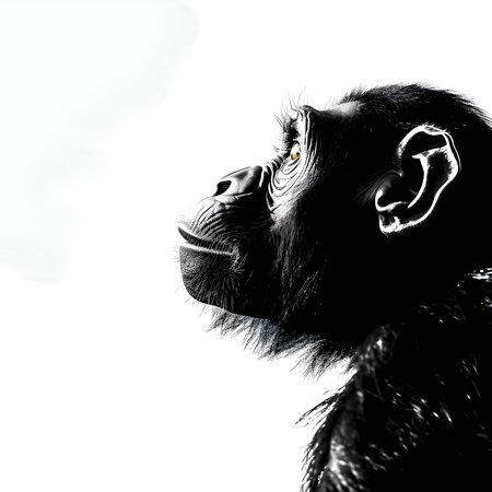 Vector illustration of a chimpanzee in black silhouette against a clean white background, capturing graceful forms.のイラスト素材