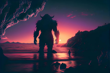 Vector illustration of a big furry monster in black silhouette against a clean sunset background, capturing graceful forms.のイラスト素材