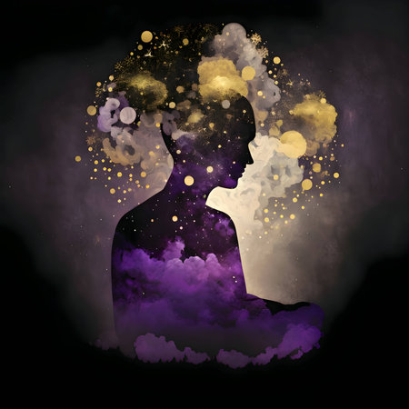 Vector illustration of a magic of the mind in black silhouette against a clean colorful background, capturing graceful forms.のイラスト素材