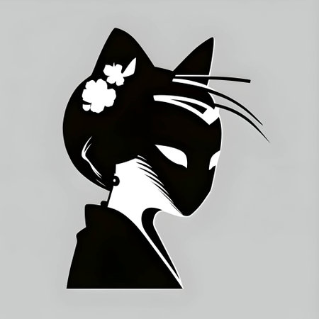 Vector illustration of a women in a cat mask in black silhouette against a clean white background, capturing graceful forms.のイラスト素材