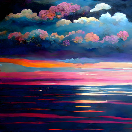 Abstract landscape: Vibrant hues of orange and purple blend across the canvas, depicting a surreal seascape with a setting sun and wisps of clouds in the sky.のイラスト素材