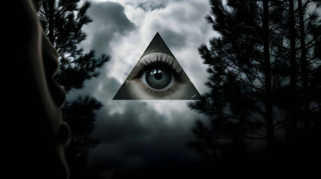 Abstract illustration: A mesmerizing eye, encapsulated within a mystical triangle, peers through the dense foliage of a lush forest. The contrasting elements evoke a sense of mystery and enchantment.のイラスト素材