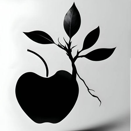 Vector illustration of a tree with apples in black silhouette against a gray background, capturing graceful forms.のイラスト素材