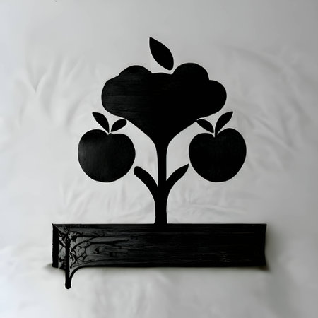 Vector illustration of a tree with apples in black silhouette against a gray background, capturing graceful forms.のイラスト素材