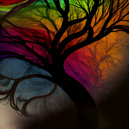 Vector illustration of a tree in black silhouette against a colorful background, capturing graceful forms.のイラスト素材
