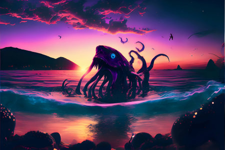 Majestic fish beast emerges from the sea, its scales glistening in the sunset. The serene beauty of the ocean and the awe-inspiring creature create a captivating scene.のイラスト素材