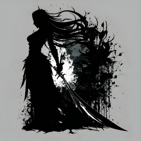 Vector illustration of a girl with sword in black silhouette against a clean gray background, capturing graceful forms.のイラスト素材