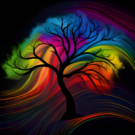 Vector illustration of a tree in black silhouette against a colorful background, capturing graceful forms.のイラスト素材