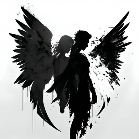 Vector illustration of an angel in black silhouette against a clean white background, capturing graceful forms.のイラスト素材