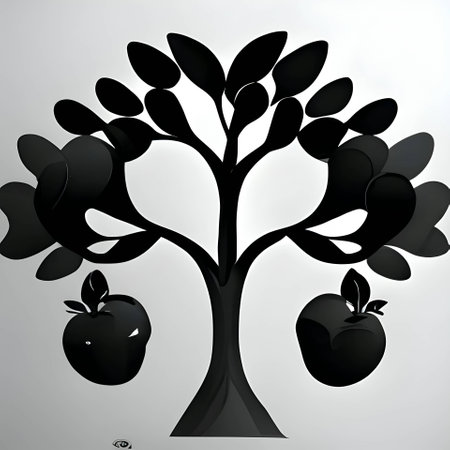 Vector illustration of a tree with apples in black silhouette against a gray background, capturing graceful forms.のイラスト素材