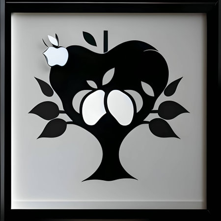 Vector illustration of a tree with apples in black silhouette against a gray background, capturing graceful forms.のイラスト素材