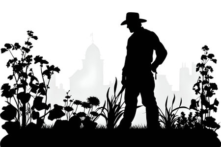 Vector illustration of a gardener in black silhouette against a clean white background, capturing graceful forms.のイラスト素材