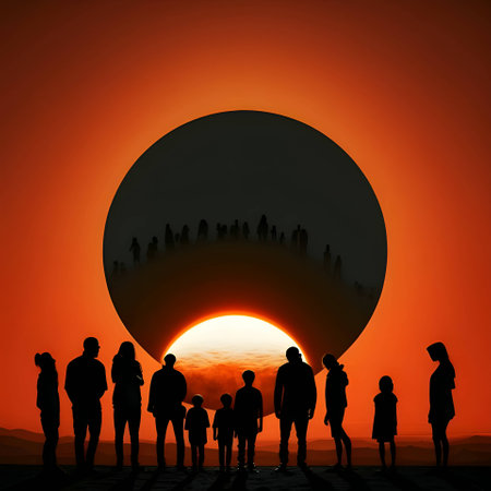 Vector illustration of a big family in black silhouette against a clean orange background, capturing graceful forms.のイラスト素材