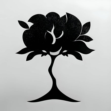 Vector illustration of a tree with apples in black silhouette against a gray background, capturing graceful forms.のイラスト素材