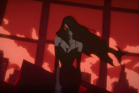An animated girl dances in a vibrant club, surrounded by a dynamic composition of red and black, creating an energetic atmosphere.のイラスト素材