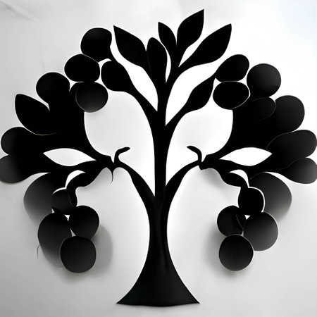 Vector illustration of a tree with apples in black silhouette against a gray background, capturing graceful forms.のイラスト素材