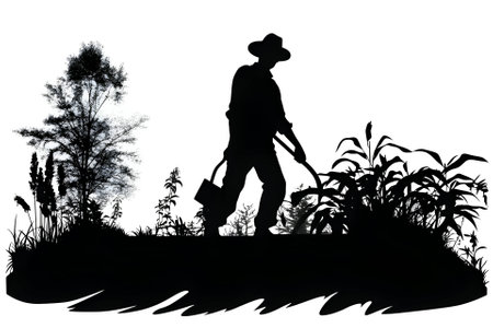 Vector illustration of a gardener in black silhouette against a clean white background, capturing graceful forms.のイラスト素材