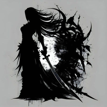 Vector illustration of a girl with sword in black silhouette against a clean gray background, capturing graceful forms.のイラスト素材