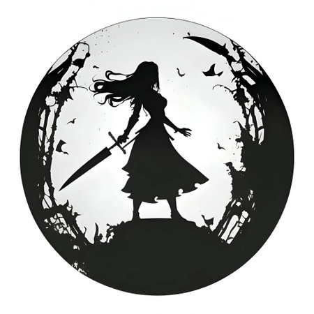 Vector illustration of a girl with sword in black silhouette against a clean white background, capturing graceful forms.のイラスト素材