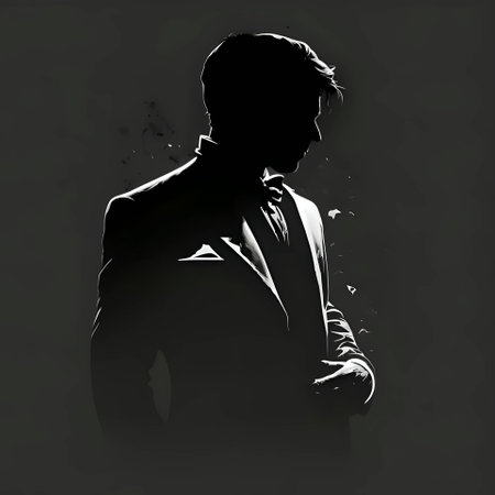 Vector illustration of a man in the suit in black silhouette against a clean gray background, capturing graceful forms.のイラスト素材