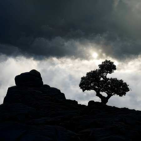 A solitary hill, a weathered stone, and a sturdy tree stand against a dramatic cloudy sky, painting a serene and timeless scene.のイラスト素材