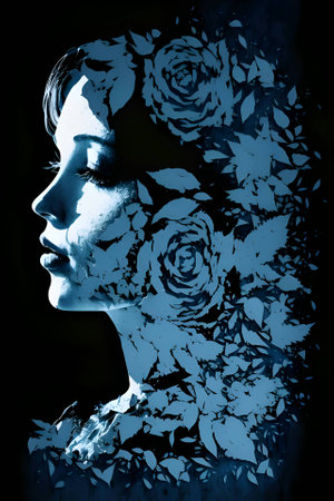 A vibrant and enchanting flower woman blooms against a captivating black backdrop, radiating beauty and vitality.のイラスト素材