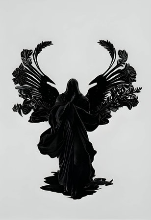 Vector illustration of a woman as angel in black silhouette against a clean white background, capturing graceful forms.のイラスト素材