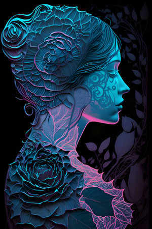 A vibrant and enchanting flower woman blooms against a captivating black backdrop, radiating beauty and vitality.のイラスト素材