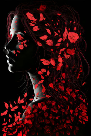 A vibrant and enchanting flower woman blooms against a captivating black backdrop, radiating beauty and vitality.のイラスト素材