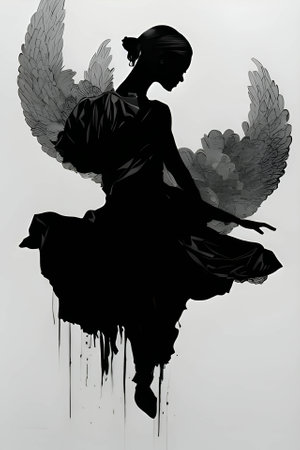 Vector illustration of a woman as angel in black silhouette against a clean white background, capturing graceful forms.のイラスト素材