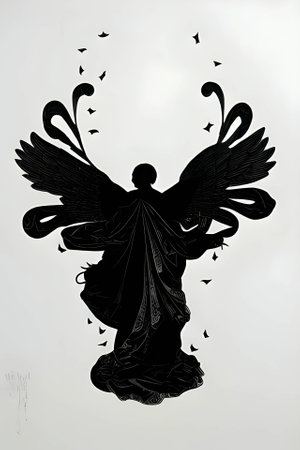 Vector illustration of a woman as angel in black silhouette against a clean white background, capturing graceful forms.のイラスト素材