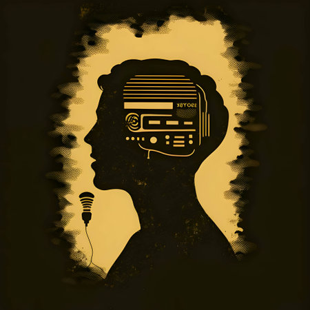 Vector illustration of a man with a radio in black silhouette against a clean white background, capturing graceful forms.のイラスト素材