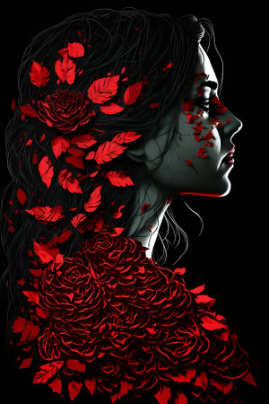 A vibrant and enchanting flower woman blooms against a captivating black backdrop, radiating beauty and vitality.のイラスト素材