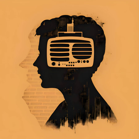 Vector illustration of a man with a radio in black silhouette against a orange background, capturing graceful forms.のイラスト素材