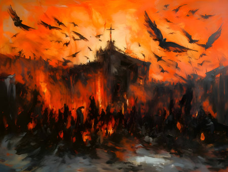 A fiery scene of a burning city with birds desperately fleeing, depicting chaos and destruction.のイラスト素材