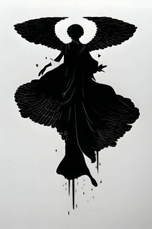 Vector illustration of a woman as angel in black silhouette against a clean white background, capturing graceful forms.のイラスト素材
