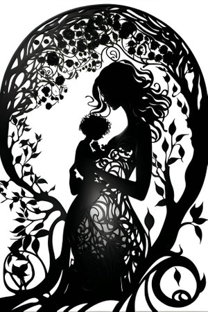 Vector illustration of a mothers with child in black silhouette against a clean white background, capturing graceful forms.のイラスト素材