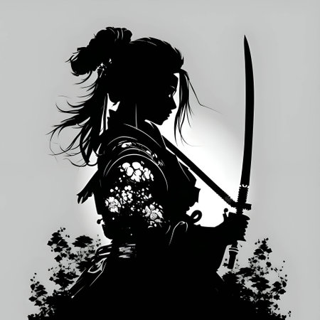 Vector illustration of a girl with a sword in black silhouette against a clean gray background, capturing graceful forms.のイラスト素材