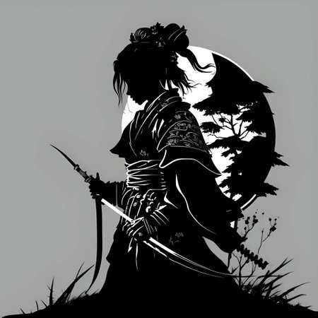 Vector illustration of a girl with a sword in black silhouette against a clean gray background, capturing graceful forms.のイラスト素材