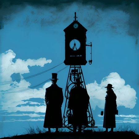 Vector illustration of a three men and a clock in black silhouette against a clean blue background, capturing graceful forms.のイラスト素材